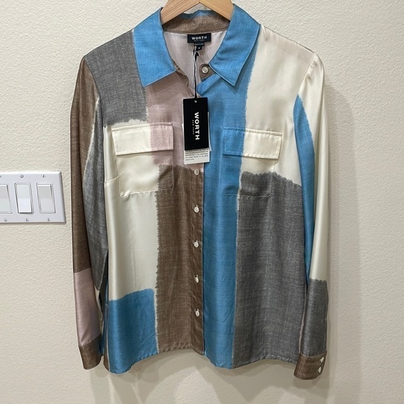 WORTH Mocha Cloud Blue Pink Brushstroke Colorblock Silk Shirt—Contemporary-NWT-M - Picture 1 of 12